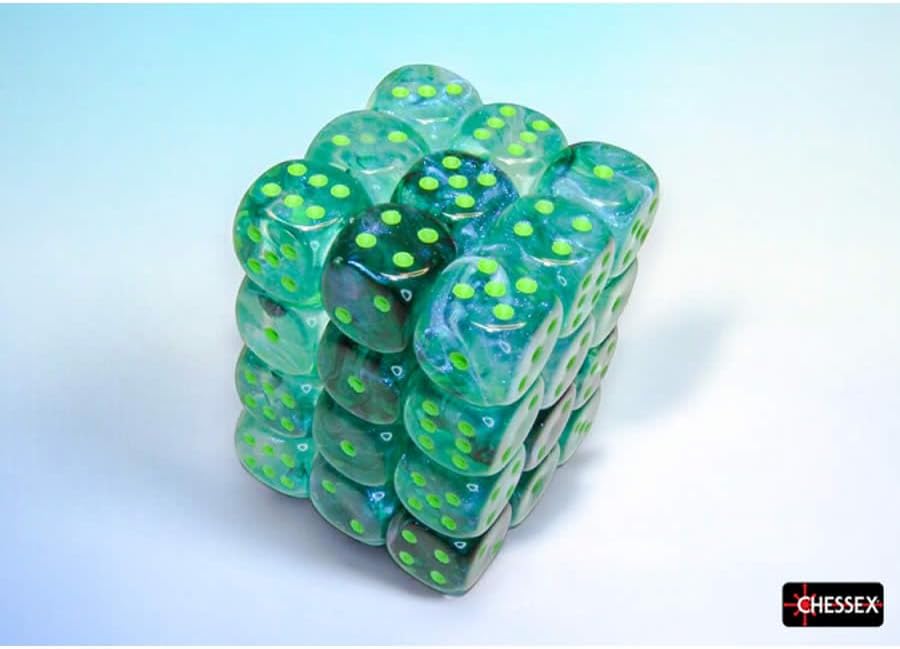 Kelp Borealis Luminary Dice with Light Green Pips D6 12mm (1/2in) Pack of 36 Chessex