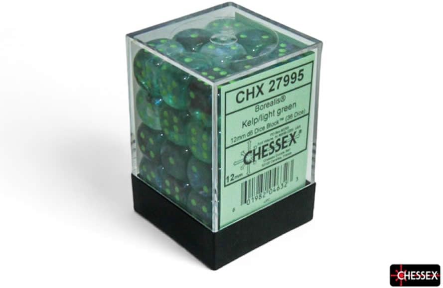 Kelp Borealis Luminary Dice with Light Green Pips D6 12mm (1/2in) Pack of 36 Chessex