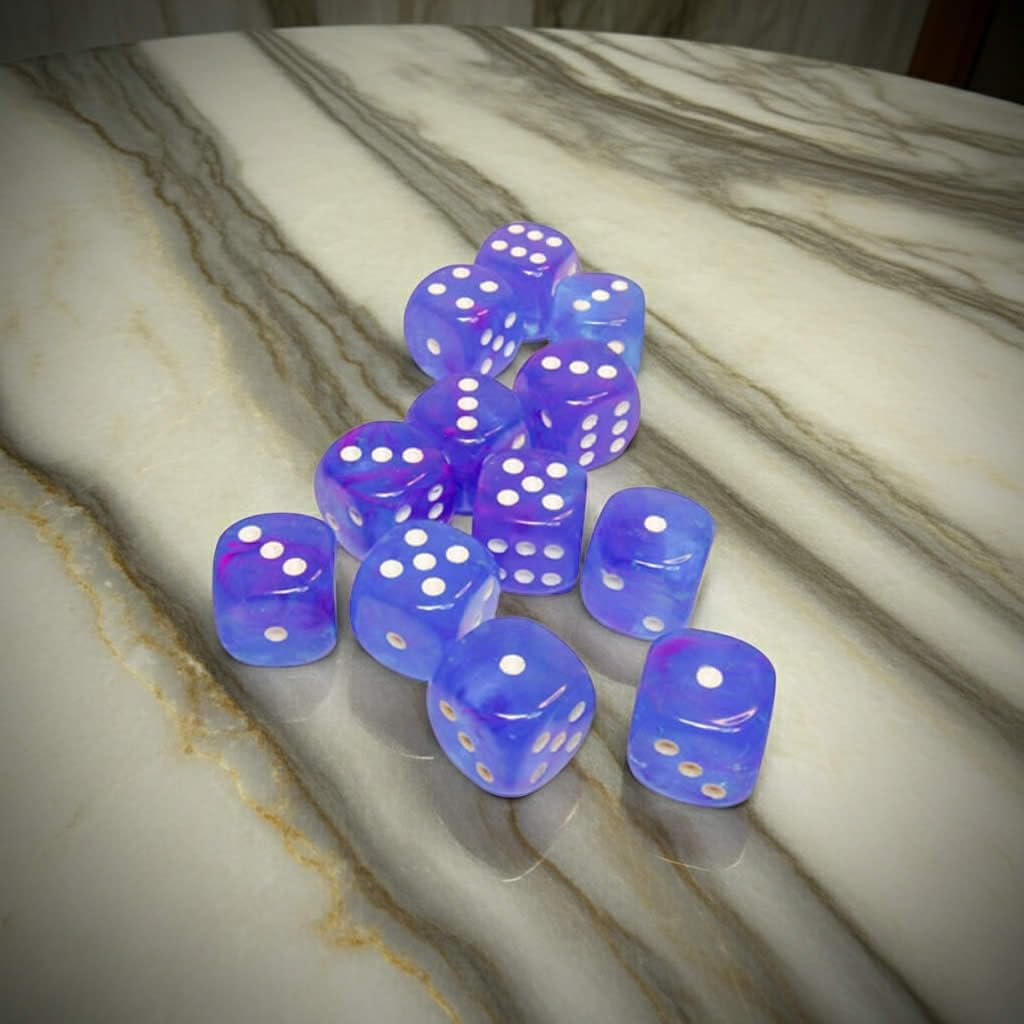 Aura Nebula Dice Luminary with White Pips D6 16mm (5/8in) Pack of 12 Chessex