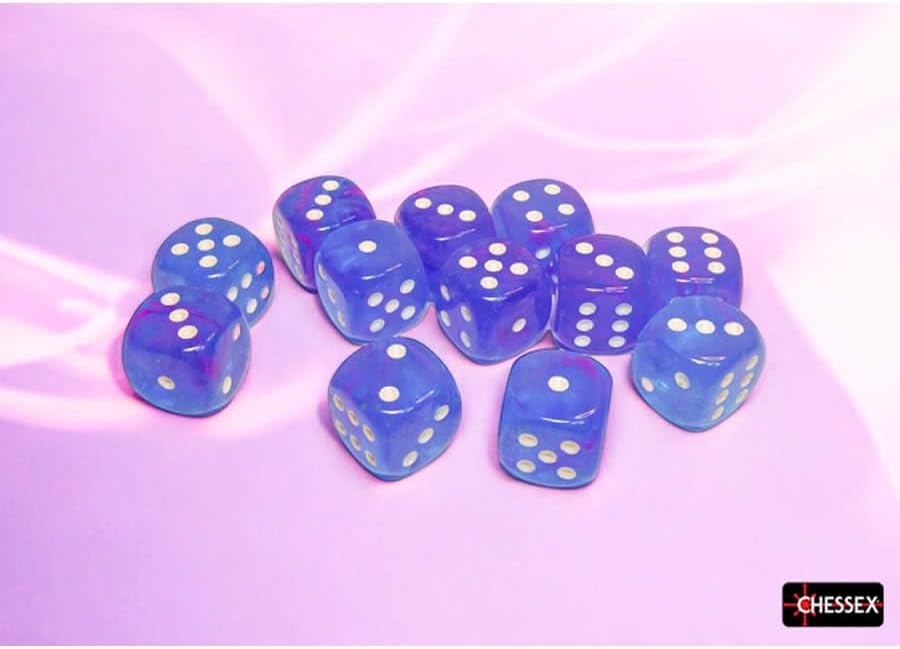 Aura Nebula Dice Luminary with White Pips D6 16mm (5/8in) Pack of 12 Chessex