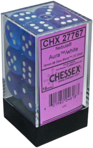 Aura Nebula Dice Luminary with White Pips D6 16mm (5/8in) Pack of 12 Chessex