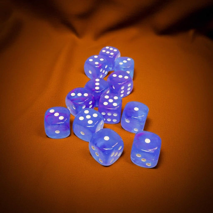 Aura Nebula Dice Luminary with White Pips D6 16mm (5/8in) Pack of 12 Chessex