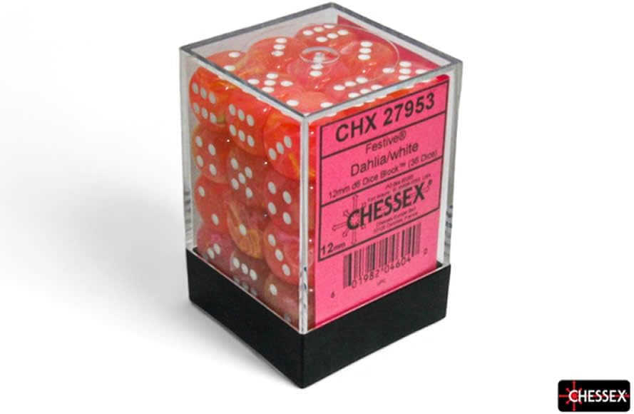 Dahlia Festive Luminary Dice with White Pips D6 12mm (1/2in) Pack of 36 Chessex