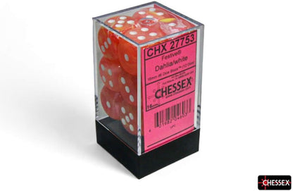 Dahlia Festive Luminary Dice with White Pips D6 16mm (5/8in) Pack of 12 Chessex
