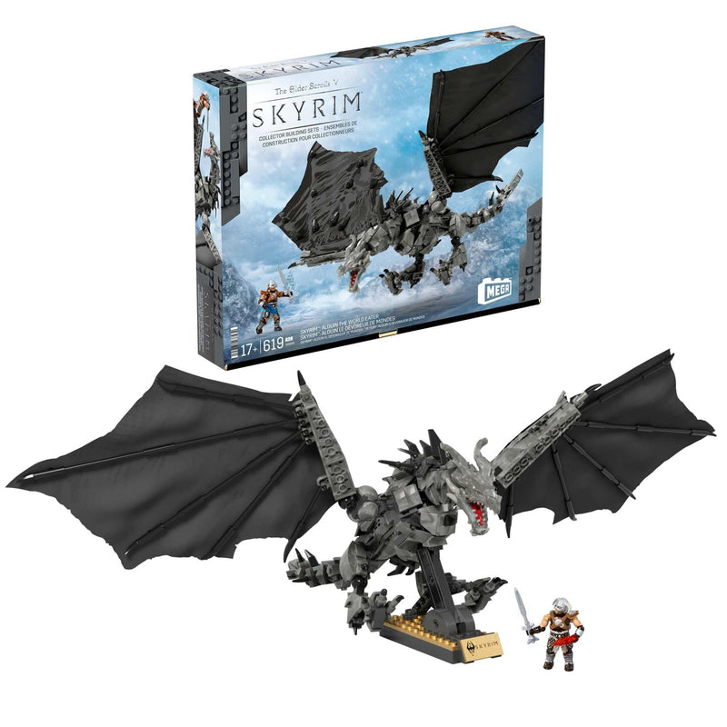 MEGA Skyrim Alduin Le Dévoreur de Mondes, figurine à construire de 619 pièces avec 1 personnage Dragonborn pour les collectionneurs, HXR98