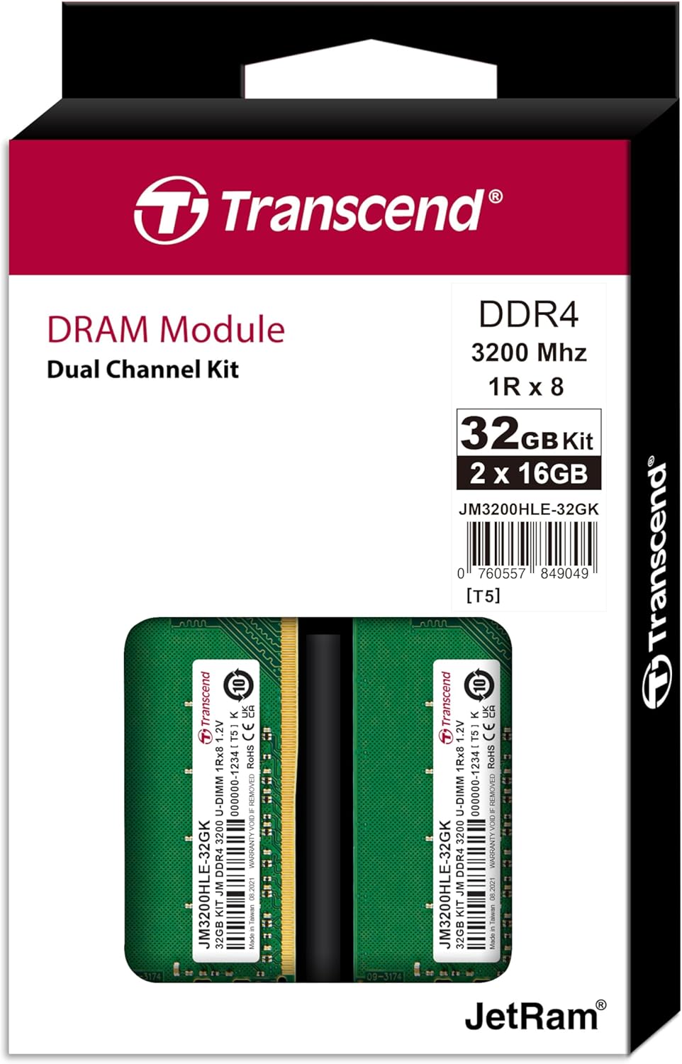 Transcend JM3200HLE-32GK KIT 16GBx2 DDR4 3200MHz U-DIMM 1Rx8 1.2V