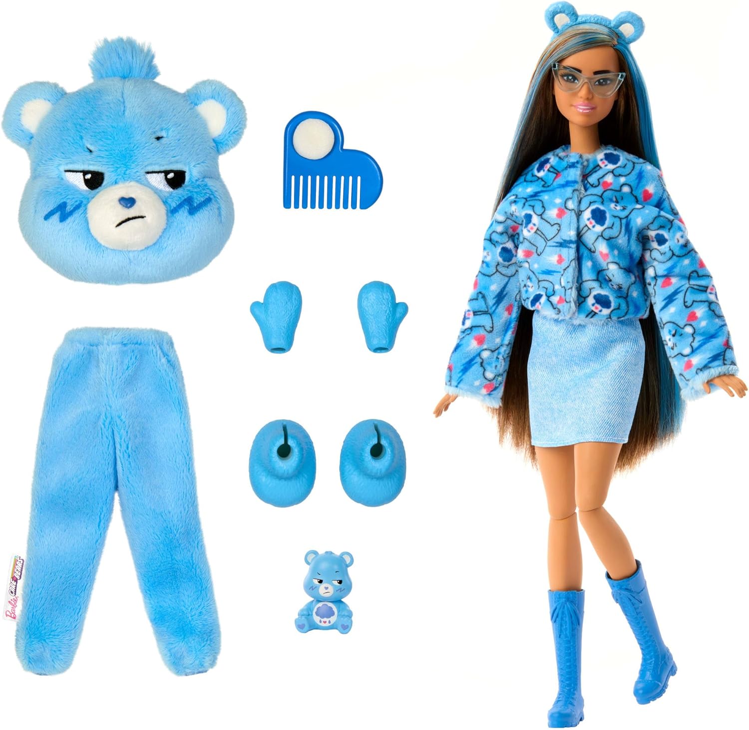 Barbie Cutie Reveal Care Bears Series Doll & Accessories Set with Grumpy Bear Plush Costume & 10 Surprises Including Color Change & Mini Bear, JCN96