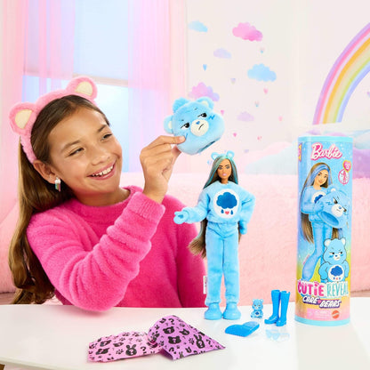Barbie Cutie Reveal Care Bears Series Doll & Accessories Set with Grumpy Bear Plush Costume & 10 Surprises Including Color Change & Mini Bear, JCN96