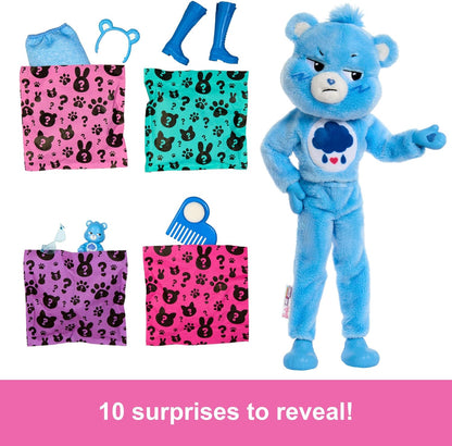 Barbie Cutie Reveal Care Bears Series Doll & Accessories Set with Grumpy Bear Plush Costume & 10 Surprises Including Color Change & Mini Bear, JCN96