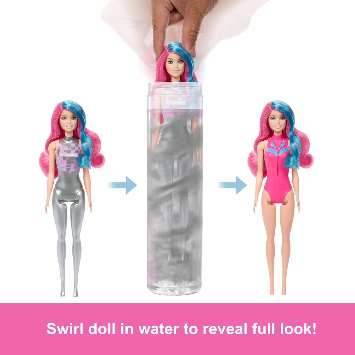 Barbie Color Reveal Fashion Doll & Accessories with 6 Surprises, Disco Star Series with Metallic Shine & Color-Change Bodice (Styles May Vary), JCP01