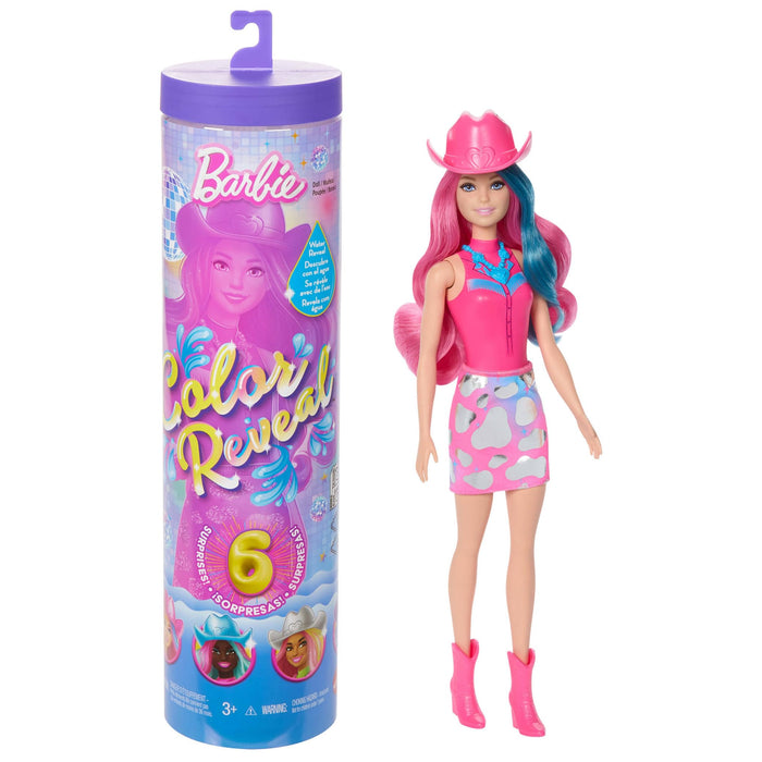 Barbie Color Reveal Fashion Doll & Accessories with 6 Surprises, Disco Star Series with Metallic Shine & Color-Change Bodice (Styles May Vary), JCP01