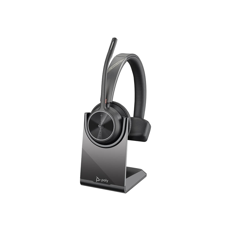Poly - Cuffia wireless Voyager 4310 UC con supporto di ricarica (Plantronics), cuffia monoauricolare, si collega al PC con adattatore Bluetooth USB-C e ai telefoni cellulari tramite Bluetooth