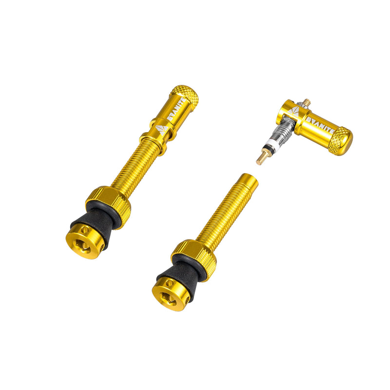 Granite Juicy Nipple Ventilkappen- und 44-mm-Farbabgestimmtes Presta-Ventilstangenset, Staubkappen für Fahrradreifen mit Ventileinsatzentfernungsfunktion (Gold