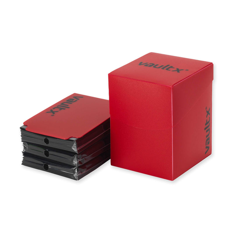 Vault X Large Deck Box with Self-Securing Lid and 150 Easy Shuffle Sleeves - Spacious Portable Holder Fits Over 100 Sleeved Cards - PVC Free Box and Sleeves (Red