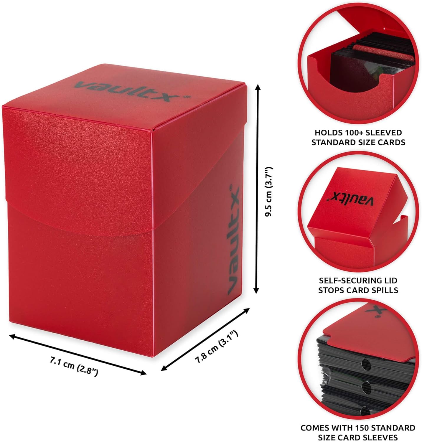 Vault X Large Deck Box with Self-Securing Lid and 150 Easy Shuffle Sleeves - Spacious Portable Holder Fits Over 100 Sleeved Cards - PVC Free Box and Sleeves (Red