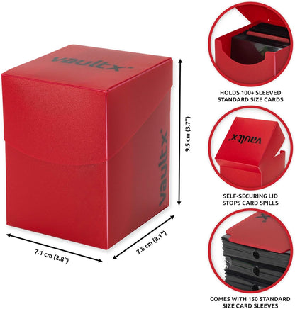 Vault X Large Deck Box with Self-Securing Lid and 150 Easy Shuffle Sleeves - Spacious Portable Holder Fits Over 100 Sleeved Cards - PVC Free Box and Sleeves (Red