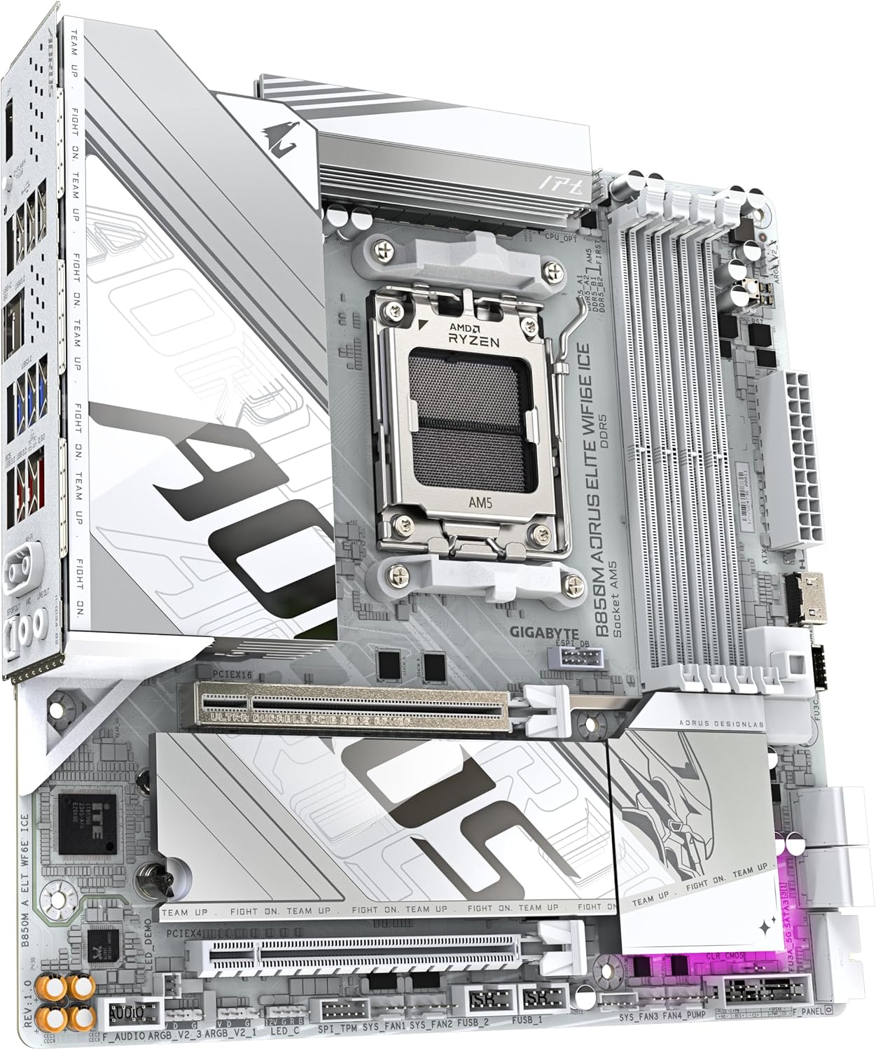 GIGABYTE B850M AORUS ELITE WIFI6E ICE Motherboard- AMD Ryzen 9000 Series CPUs, 12+2+1 Phases Digital VRM, up to 8200MHz DDR5 (OC), 1xPCIe 5.0 + 1xPCIe 4.0 M.2, 2.5LAN, WIFI 7, USB 3.2 Gen 2