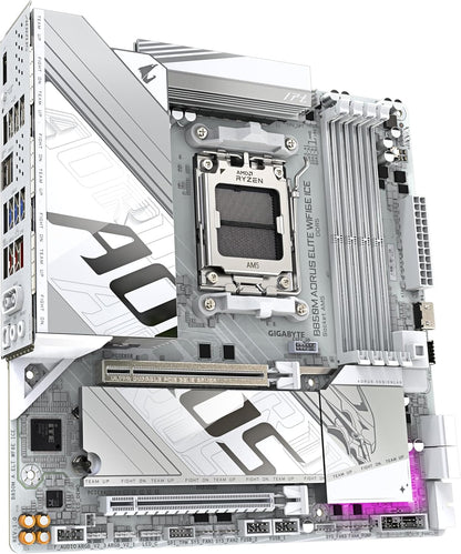 GIGABYTE B850M AORUS ELITE WIFI6E ICE Motherboard- AMD Ryzen 9000 Series CPUs, 12+2+1 Phases Digital VRM, up to 8200MHz DDR5 (OC), 1xPCIe 5.0 + 1xPCIe 4.0 M.2, 2.5LAN, WIFI 7, USB 3.2 Gen 2