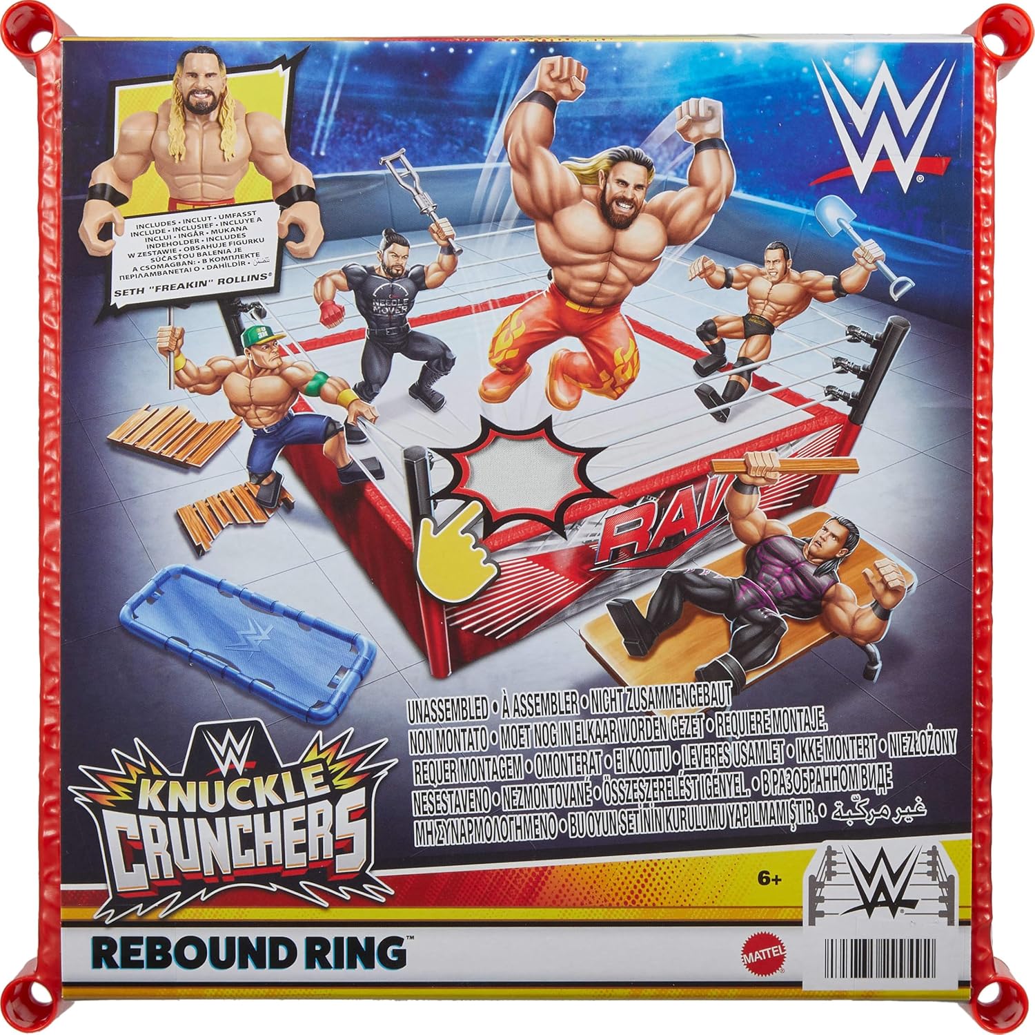 Mattel WWE Knuckle Crunchers - Rebound Ring, set con action figure di Seth Rolling snodata e con suoni, ring Flex Mat e 7 accessori inclusi, giocattolo per bambini, 6+ anni, JFK77