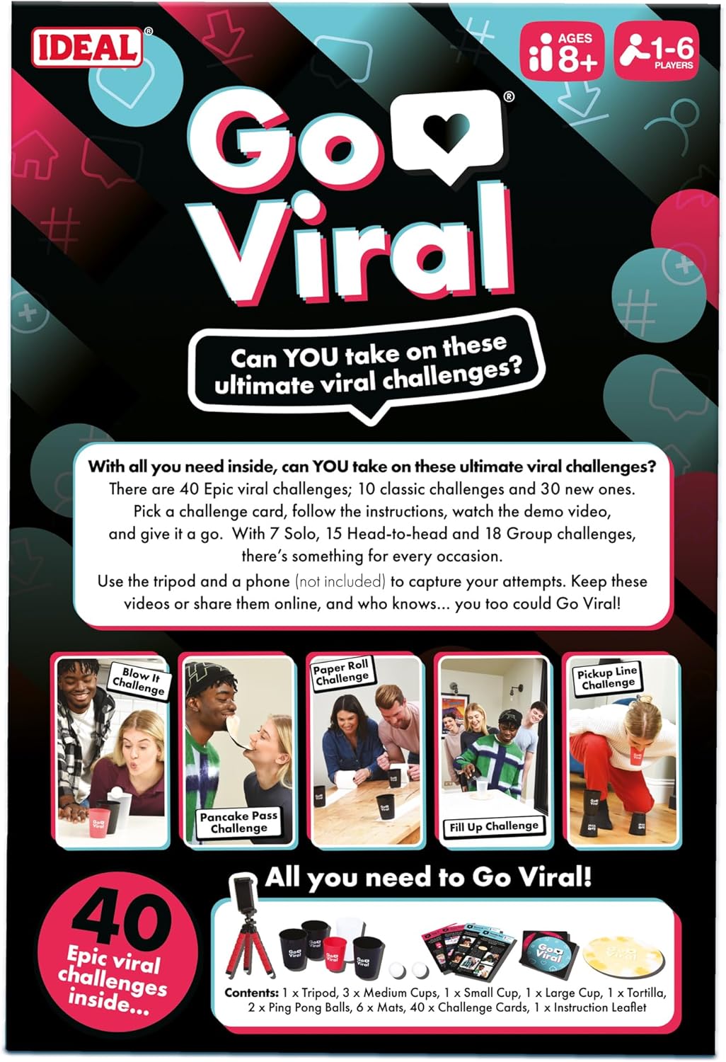 IDEAL Go Viral: The Social Media Party Game with 40 epic challenges, perfect for families and kids age 8+ and groups of friends, great gift idea