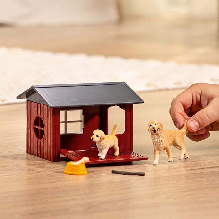 Schleich Farm World - 6pc Toy Dog Kennel Play Set with Golden Retrievers for Kids. Farm Animal Toys for Boys and Girls. Fun Dog House and Puppy Figure for Screen-Free Play for Children Ages 3+ 42722