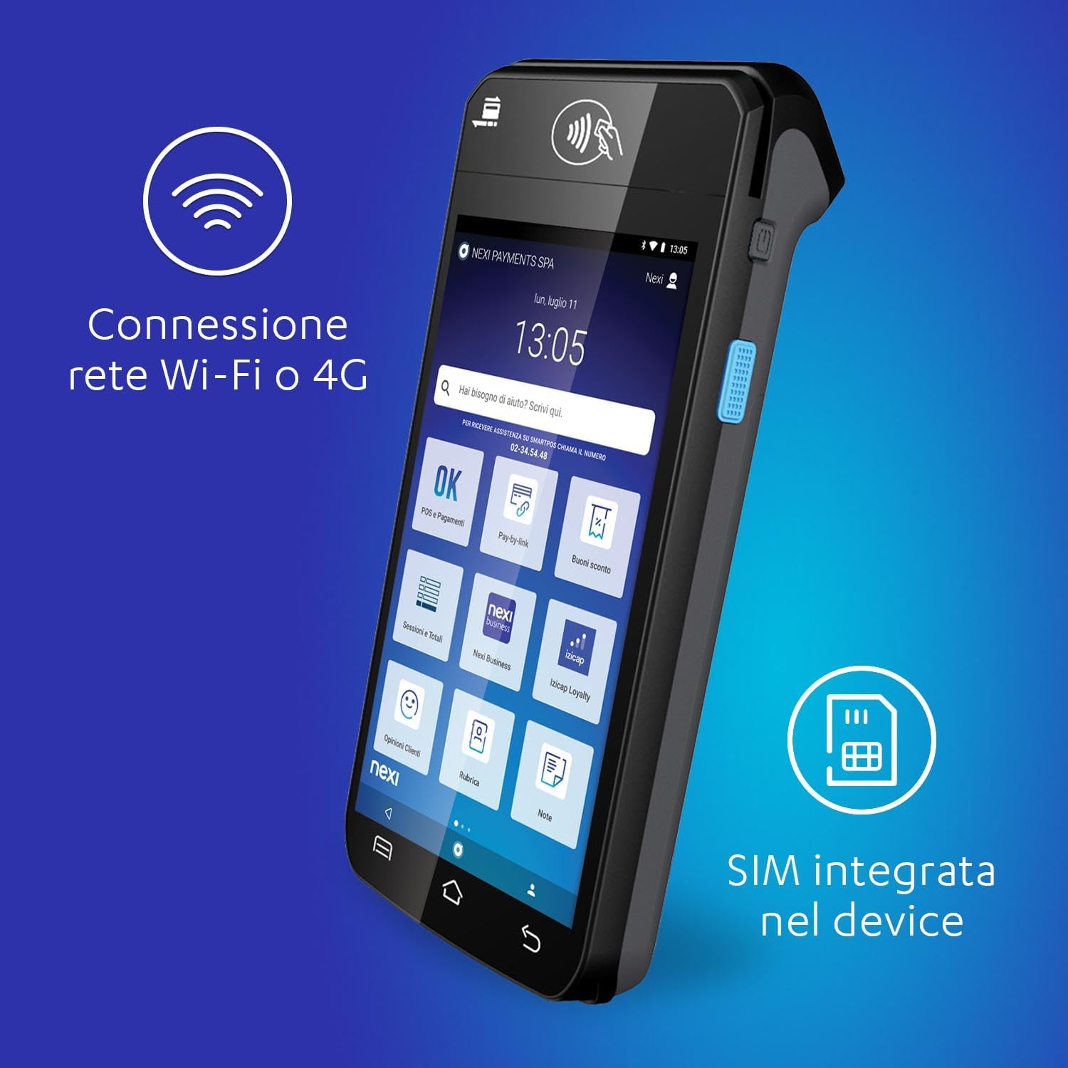 Nexi SmartPOS Mini a Canone Zero, Pos Portatile Contactless, Lettore Elettronico Portatile per Pagamenti con Bancomat, Carta di Credito, Prepagata, Apple Pay e Google Pay