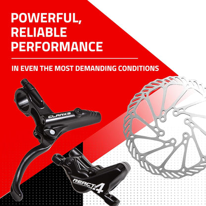 CLARKS React 4 Hydraulic Disc Brake Set - 4 Piston Hydraulic Brake System - 160mm Rotor Complete Brake Set Compatible with mountain bikes (MTB), Downhill and E-bikes