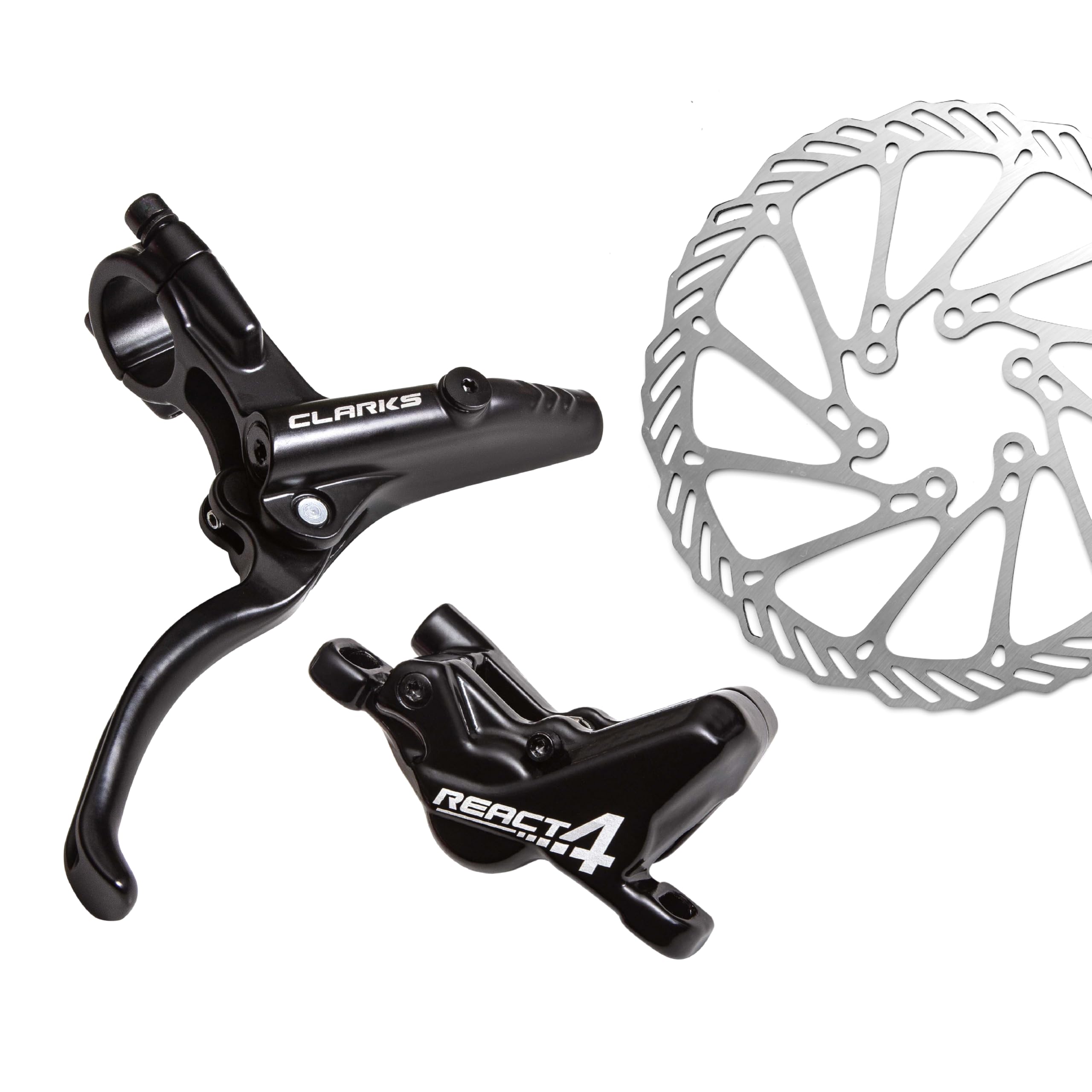 CLARKS React 4 Hydraulic Disc Brake Set - 4 Piston Hydraulic Brake System - 160mm Rotor Complete Brake Set Compatible with mountain bikes (MTB), Downhill and E-bikes