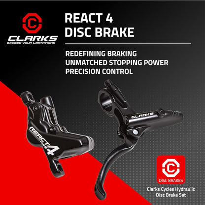 CLARKS React 4 Hydraulic Disc Brake Set - 4 Piston Hydraulic Brake System - 160mm Rotor Complete Brake Set Compatible with mountain bikes (MTB), Downhill and E-bikes