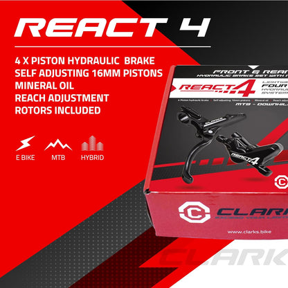 CLARKS React 4 Hydraulic Disc Brake Set - 4 Piston Hydraulic Brake System - 160mm Rotor Complete Brake Set Compatible with mountain bikes (MTB), Downhill and E-bikes