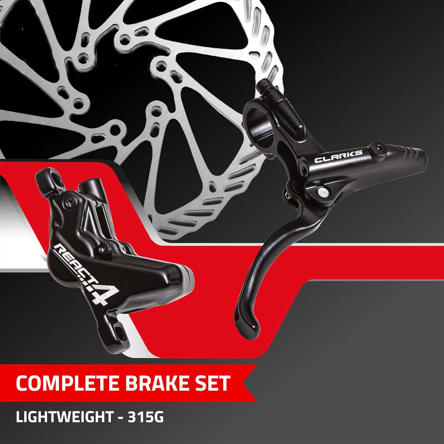 CLARKS React 4 Hydraulic Disc Brake Set - 4 Piston Hydraulic Brake System - 160mm Rotor Complete Brake Set Compatible with mountain bikes (MTB), Downhill and E-bikes