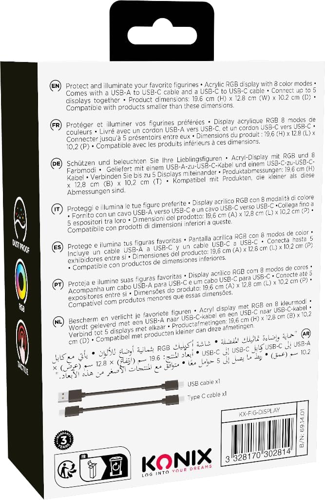 Konix LED Display Box for Figure - Compatible with Funko Pop, Banpresto Qposket, Lower Figures 9 x 9 x 14 cm - RGB Lighting - USB Cable
