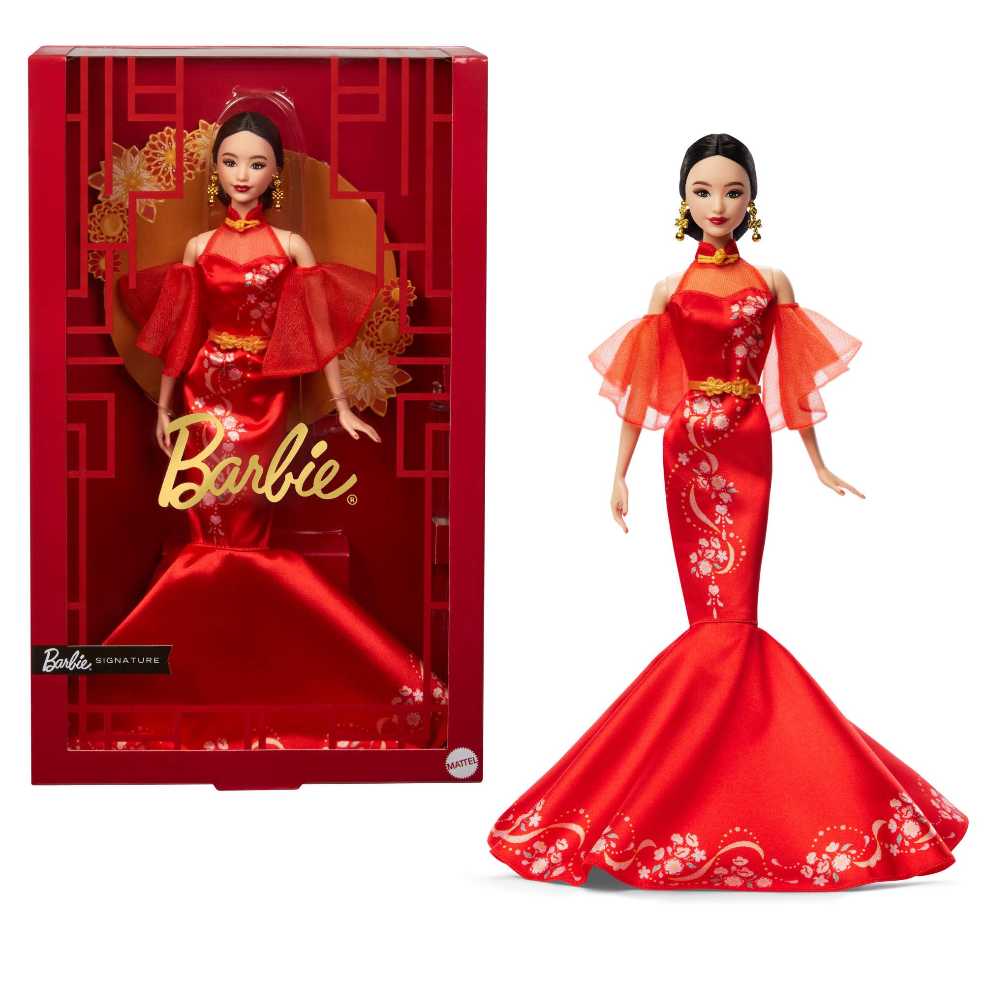 Barbie Lunar New Year Doll Wearing Qipao Dress with Plum Blossom Prints & Golden Accessories, Barbie Signature Collection, JBJ11