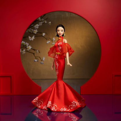 Barbie Lunar New Year Doll Wearing Qipao Dress with Plum Blossom Prints & Golden Accessories, Barbie Signature Collection, JBJ11