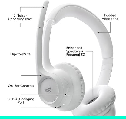Logitech Zone 300 Wireless Bluetooth Headset With Noise-Cancelling Microphone, Compatible with Windows, Mac, Chrome, Linux, iOS, iPadOS, Android – Off-White