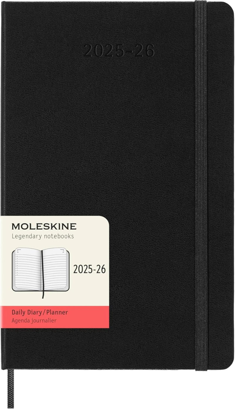 Moleskine Daily Planner 2025-2026, 18-Month Daily Diary With Hard Cover and Elastic Closure, Large Format 13 x 21 cm, Colour Black