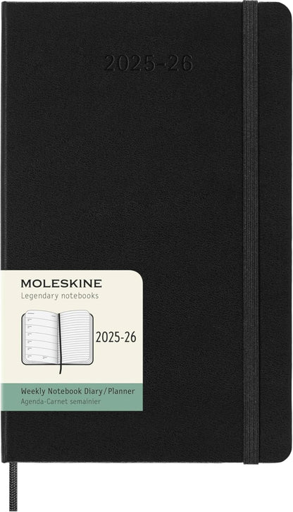 Moleskine Weekly Planner 2025-2026, 18-Month Weekly Planner With Note Space, Hard Cover and Elastic Closure, Large 13 x 21 cm, Colour Black