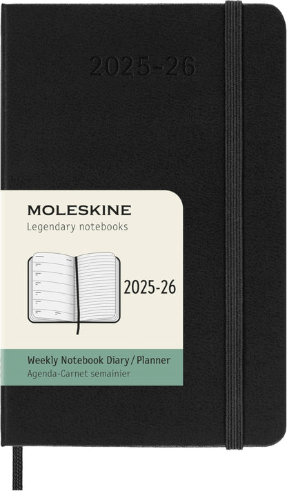 Moleskine Weekly Planner 2025-2026, 18-Month Weekly Planner With Note Space, Hard Cover and Elastic Closure, Pocket 9 x 14 cm, Colour Black