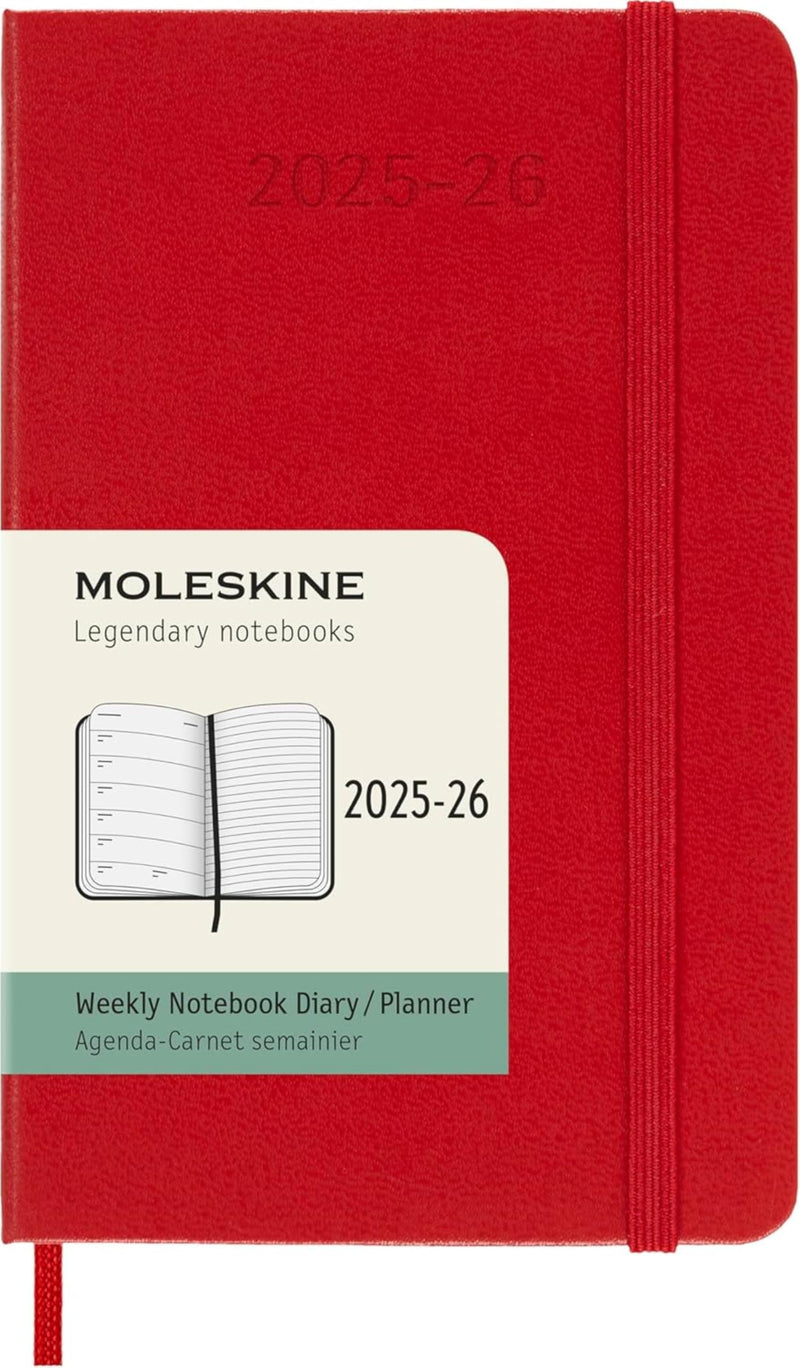 Moleskine Weekly Planner 2025-2026, 18-Month Weekly Planner With Note Space, Hard Cover and Elastic Closure, Pocket 9 x 14 cm, Colour Scarlet Red