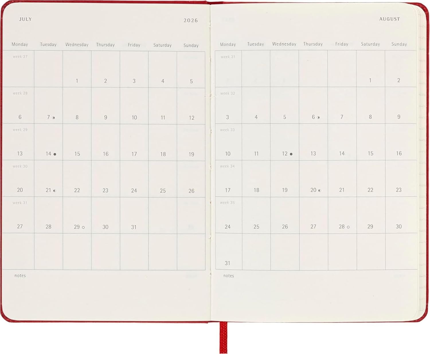 Moleskine Weekly Planner 2025-2026, 18-Month Weekly Planner With Note Space, Hard Cover and Elastic Closure, Pocket 9 x 14 cm, Colour Scarlet Red