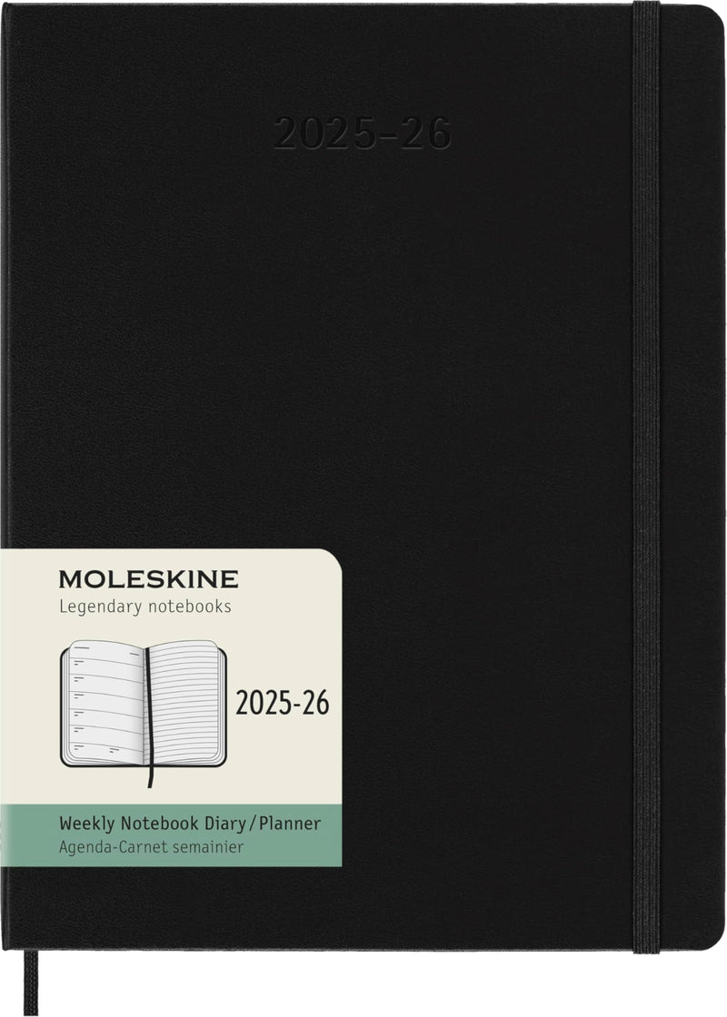 Moleskine Weekly Planner 2025-2026, 18-Month Weekly Planner With Note Space, Hard Cover and Elastic Closure, XL 19 x 25 cm, Colour Black