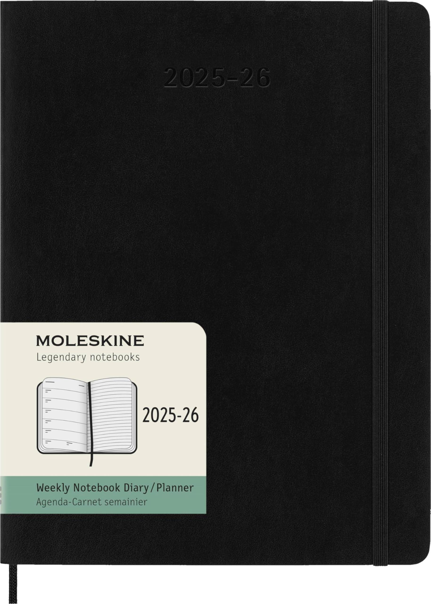 Moleskine Weekly Planner 2025-2026, 18-Month Weekly Planner With Note Space, Soft Cover and Elastic Closure, XL 19 x 25 cm, Colour Black