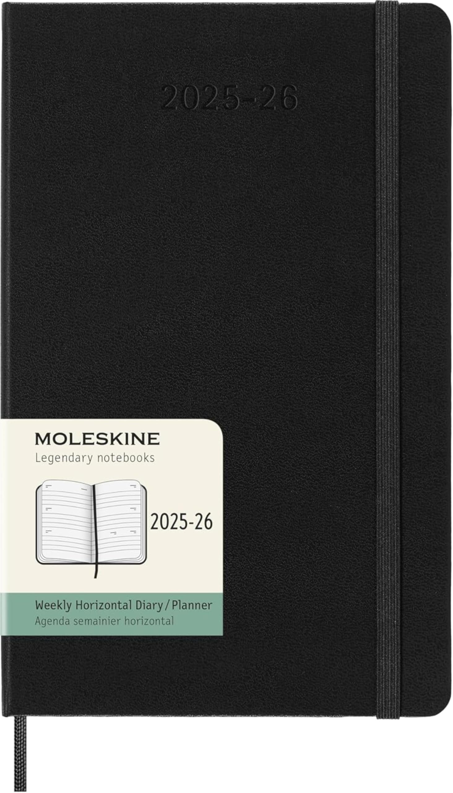 Moleskine Weekly Planner 2025-2026, 18-Month Horizontal Planner, Hard Cover and Elastic Closure, Large 13 x 21 cm, Colour Black