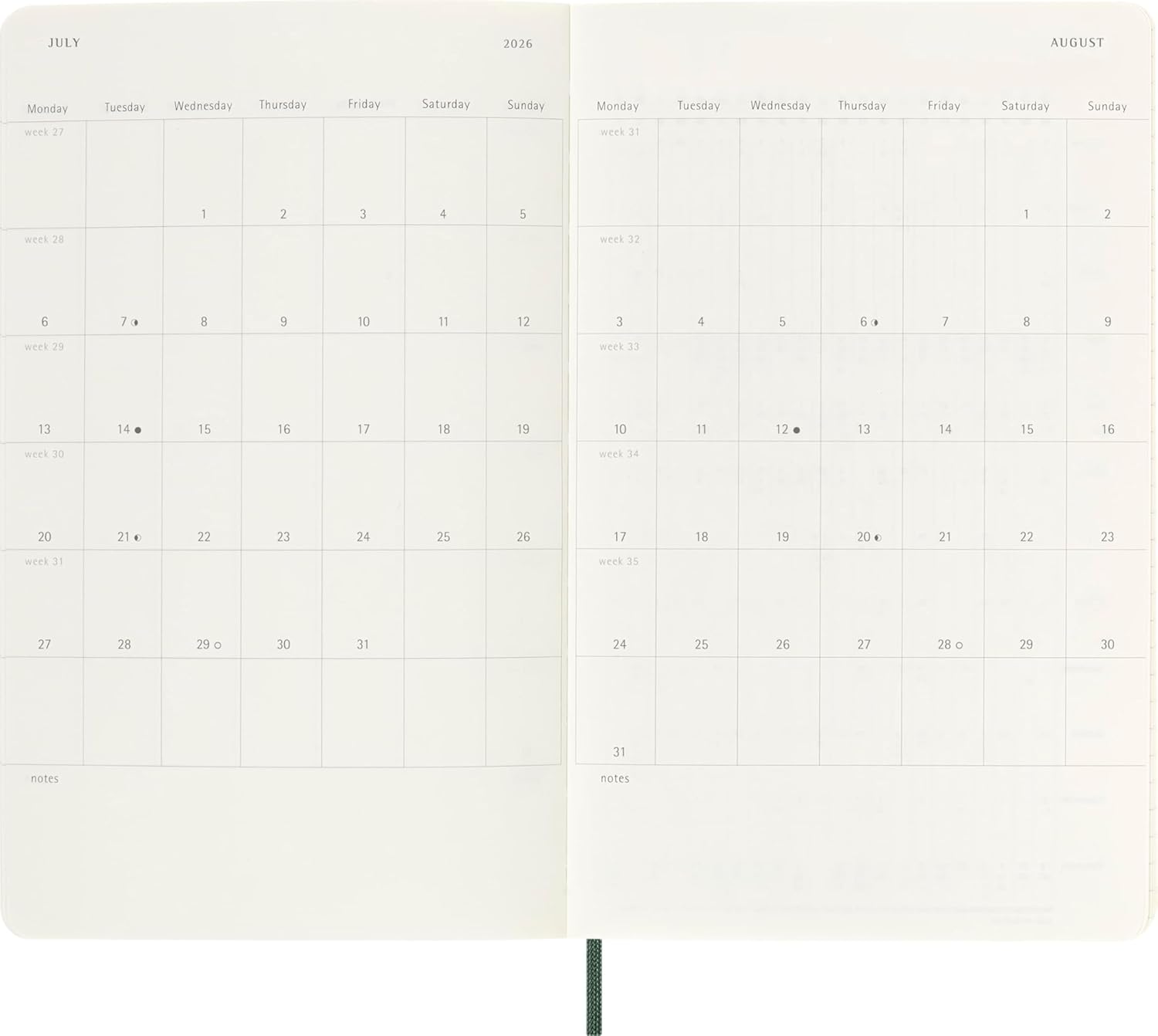 Moleskine Weekly Planner 2025-2026, 18-Month Weekly Planner With Note Space, Soft Cover and Elastic Closure, Large 13 x 21 cm, Colour Myrtle Green