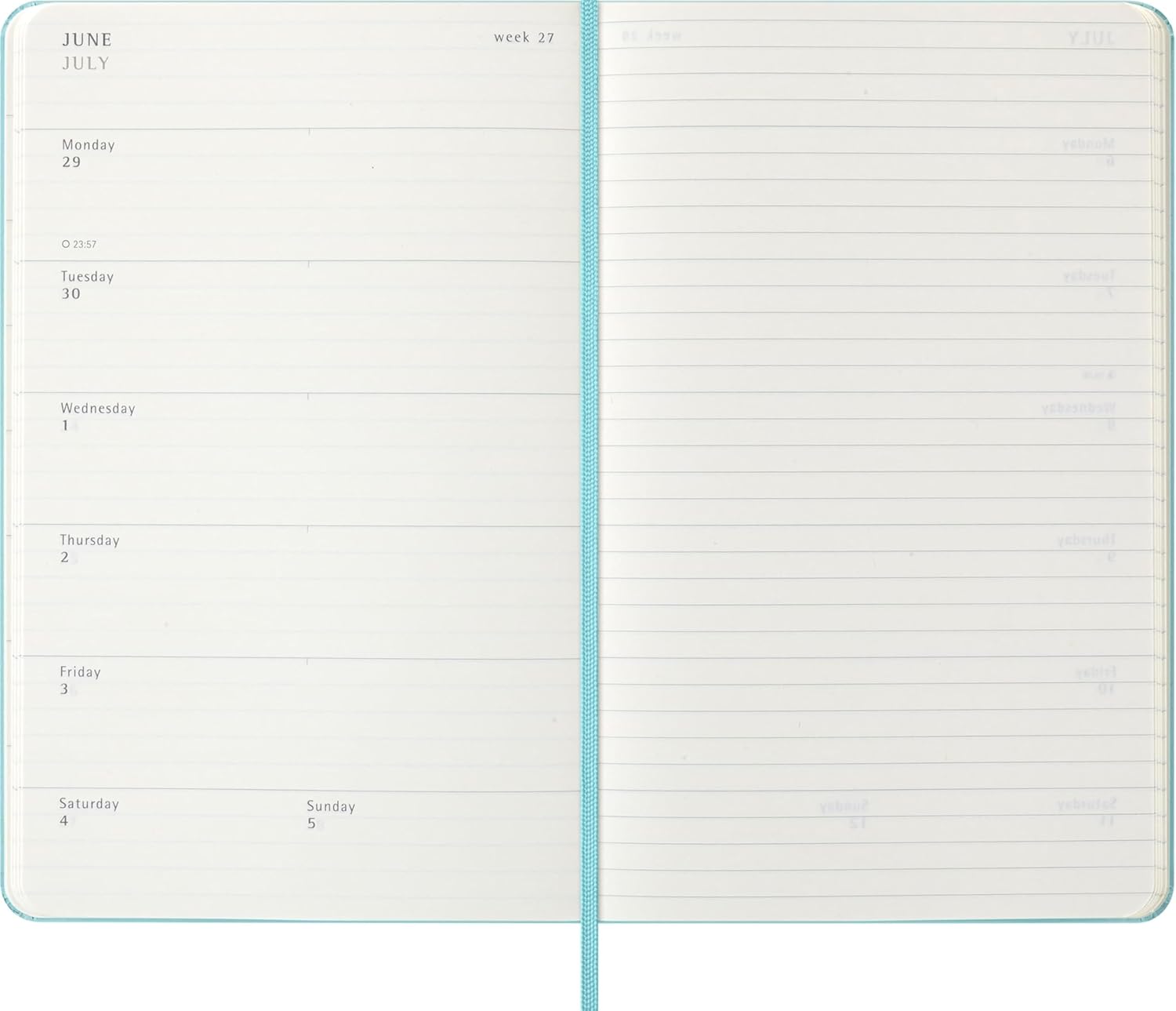 Moleskine Weekly Planner 2025-2026, 18-Month Weekly Planner With Note Space, Hard Cover and Elastic Closure, Large 13 x 21 cm, Colour Aquamarine
