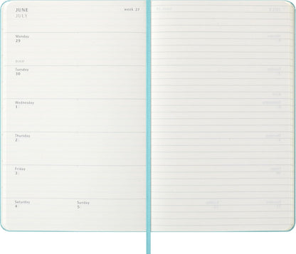 Moleskine Weekly Planner 2025-2026, 18-Month Weekly Planner With Note Space, Hard Cover and Elastic Closure, Large 13 x 21 cm, Colour Aquamarine