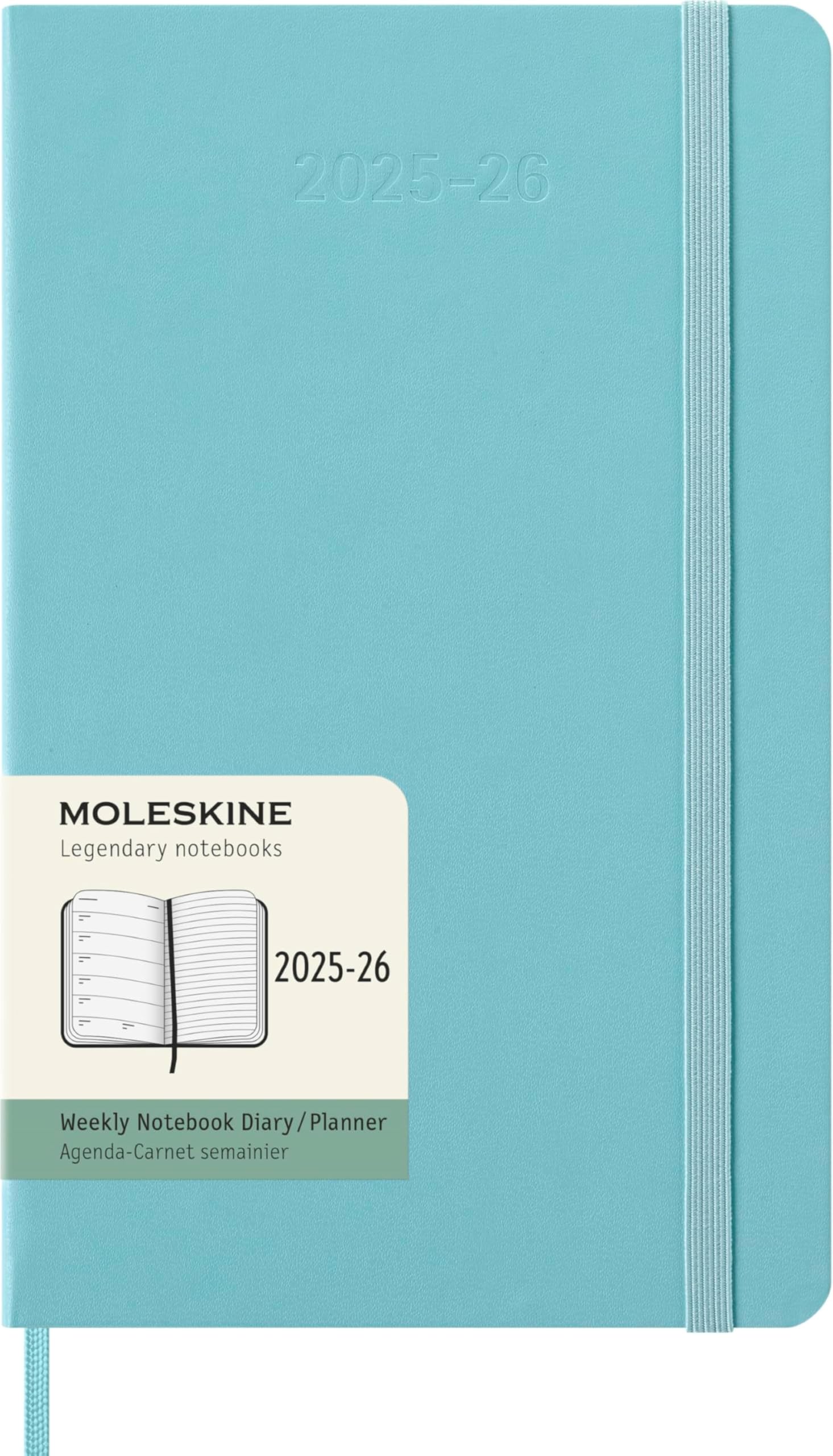 Moleskine Weekly Planner 2025-2026, 18-Month Weekly Planner With Note Space, Hard Cover and Elastic Closure, Large 13 x 21 cm, Colour Aquamarine