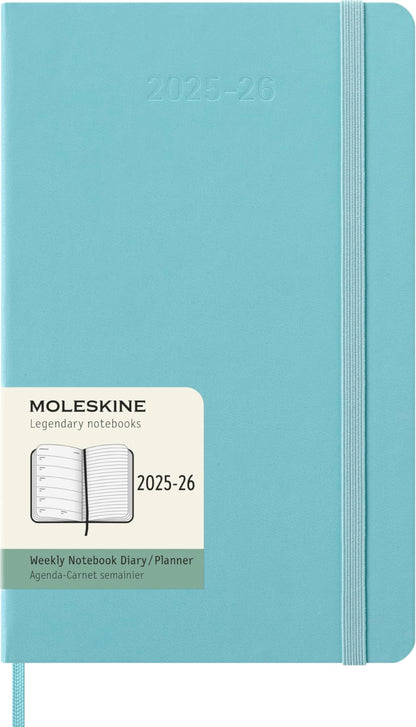 Moleskine Weekly Planner 2025-2026, 18-Month Weekly Planner With Note Space, Hard Cover and Elastic Closure, Large 13 x 21 cm, Colour Aquamarine