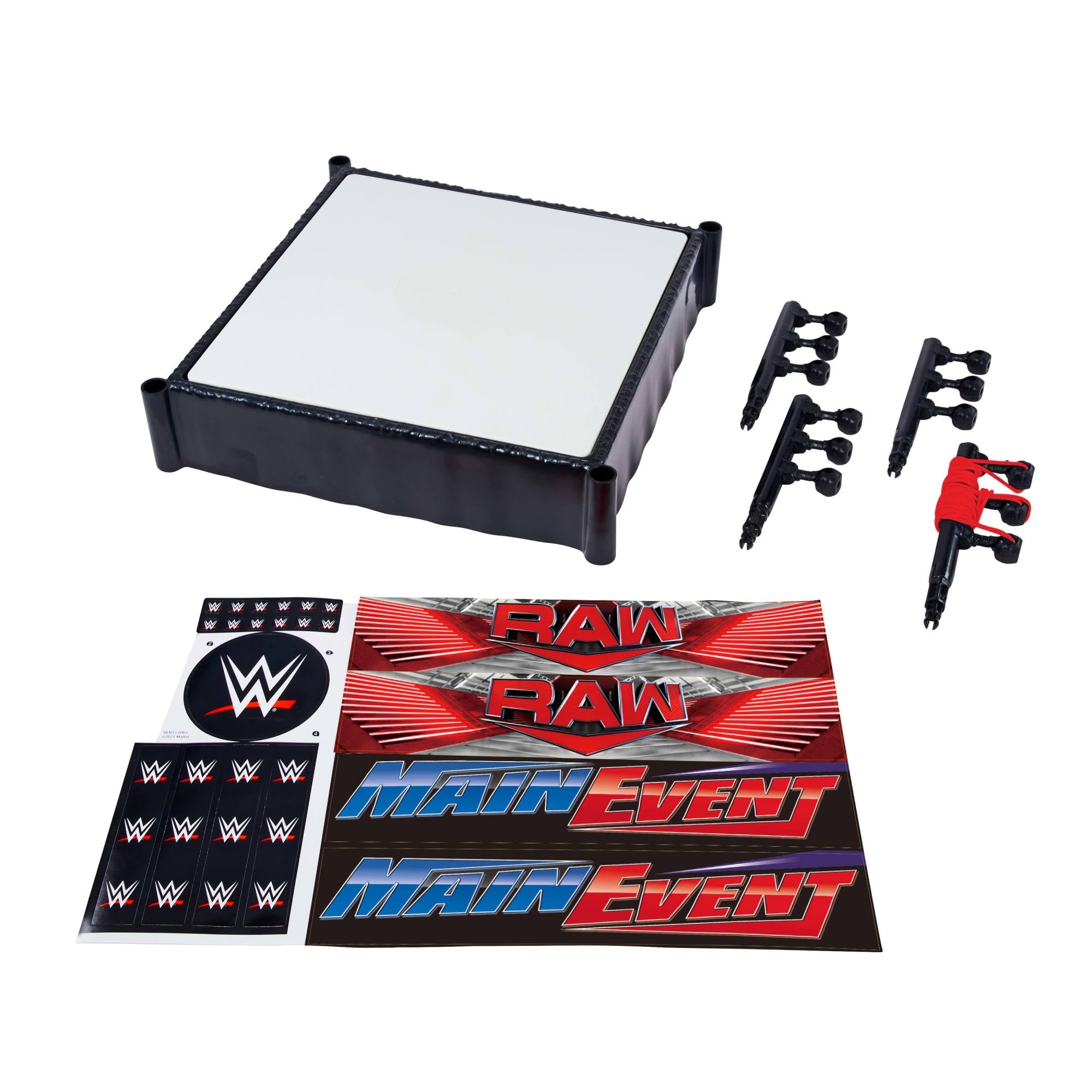 Mattel WWE Superstar Ring with Labels for Main Event & RAW, Spring-Loaded Ring Mat & Pro Tension Elastic Ring Ropes, JDJ20