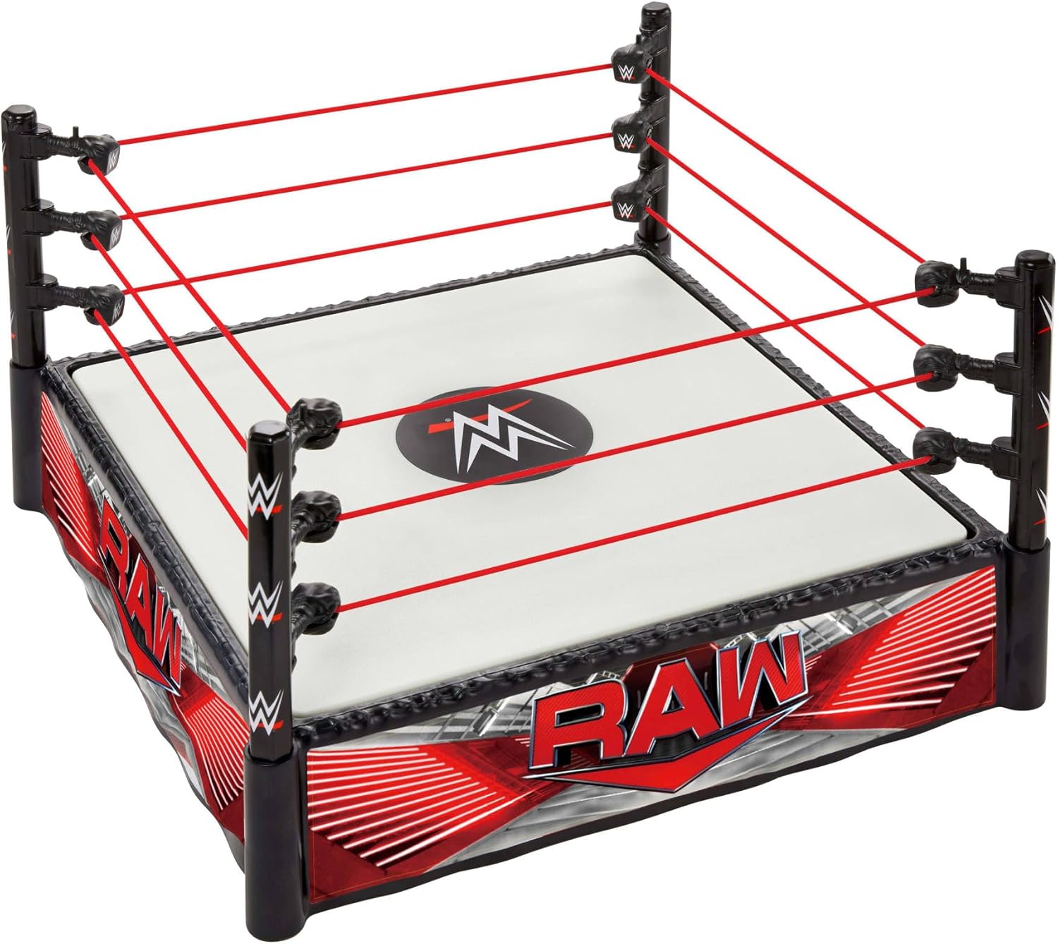 Mattel WWE Superstar Ring with Labels for Main Event & RAW, Spring-Loaded Ring Mat & Pro Tension Elastic Ring Ropes, JDJ20